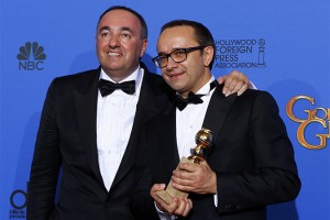Producer Rodnyansky and director Zvyagintsev pose backstage with their award for Best Foreign Language Film for their film "Leviathan" at the 72nd Golden Globe Awards in Beverly Hills